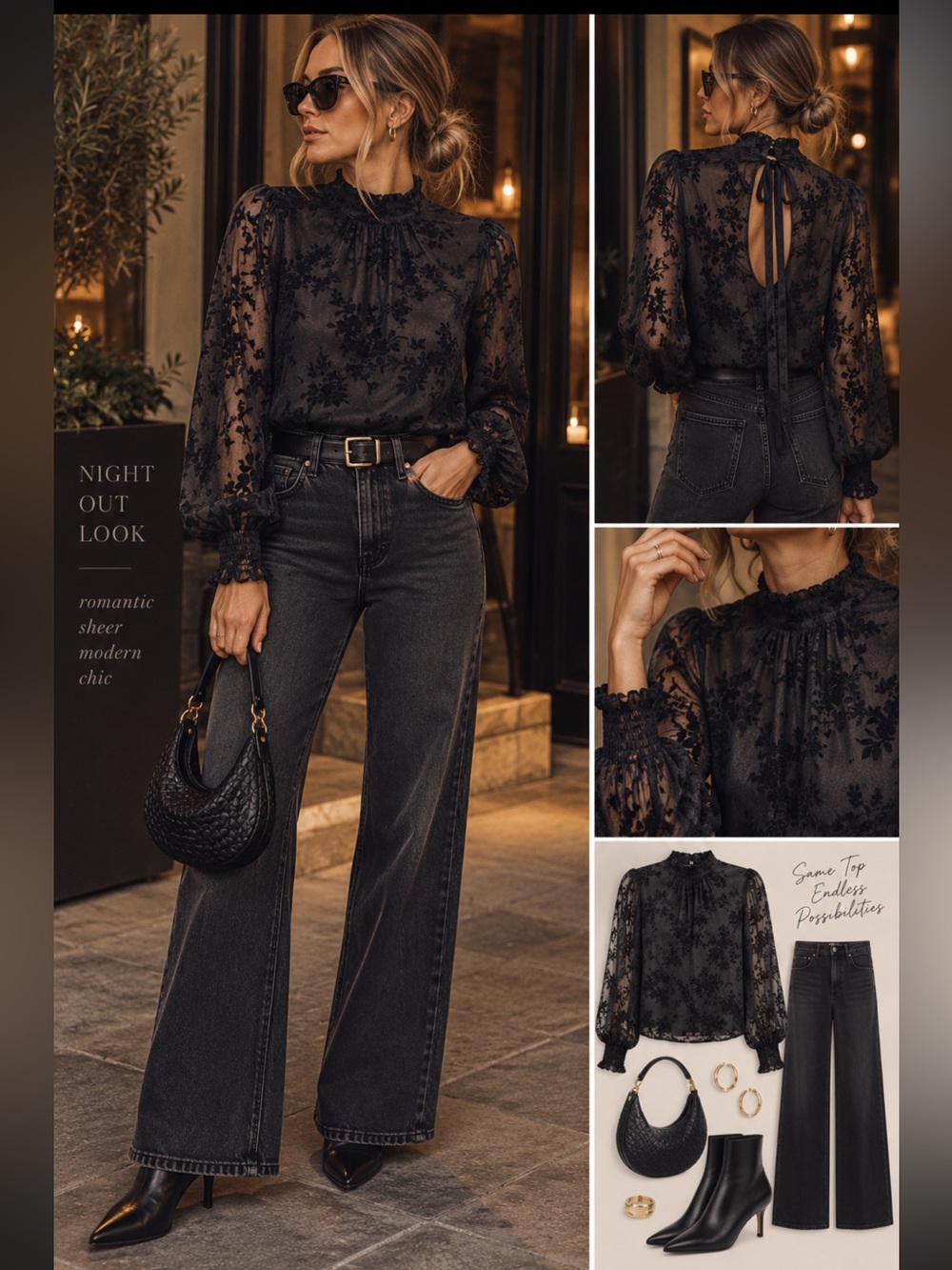 Sheer Floral Burnout Blouse Black Romantic Goth Tie Back DR2
